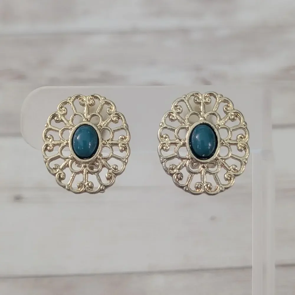 Vintage Clip On Earrings Large Ornate Gold Tone with Dark Teal Center Statement